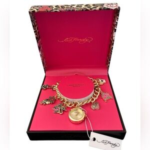 Ed Hardy Gold Charm Bracelet with Watch New In Box